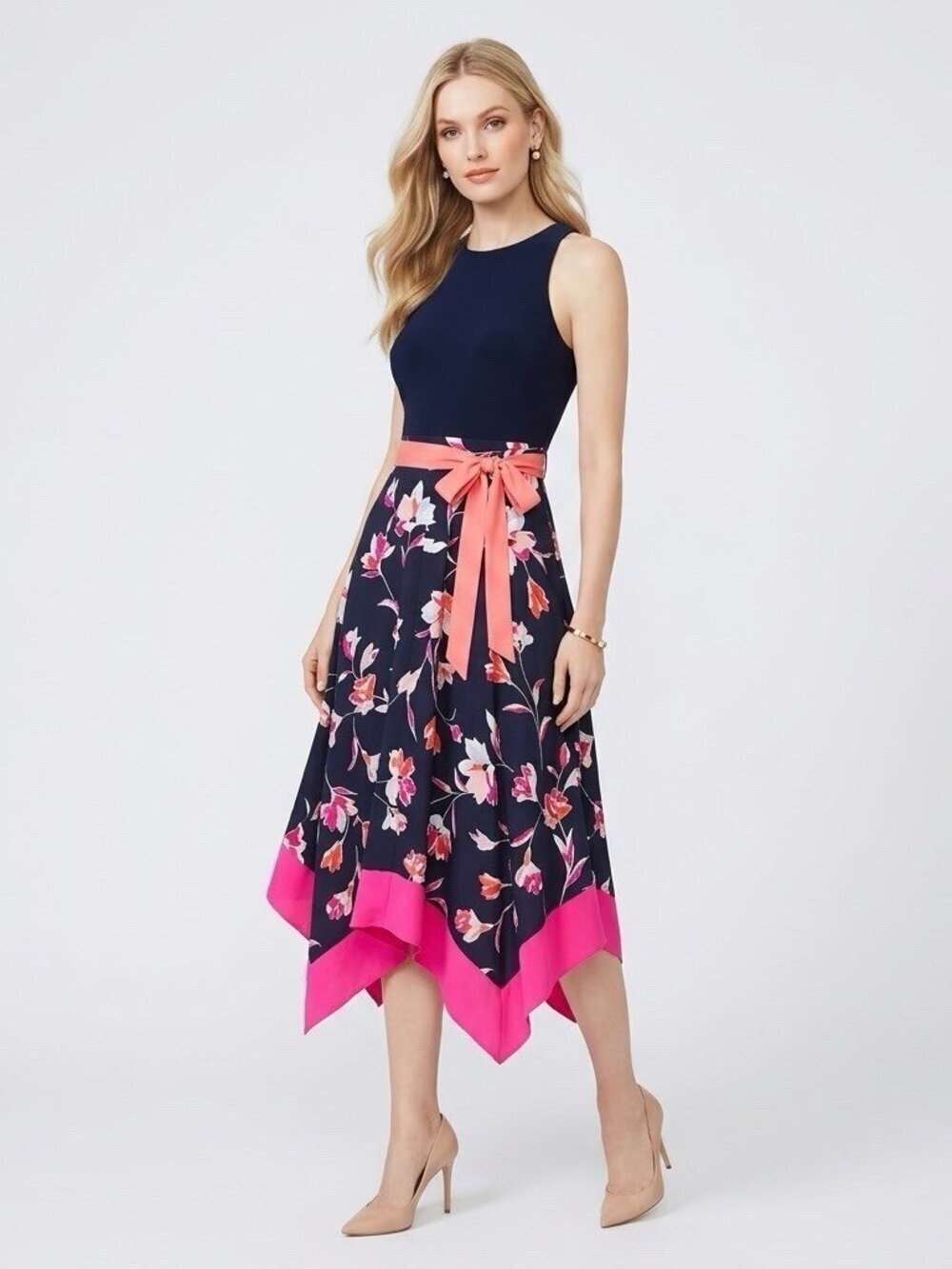 NWT Vince Camuto Midi Dress Size 4 Navy Floral Handkerchief Hem Coral Womens